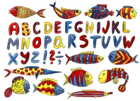 Cute modern alphabet with funny objects and sea cartoon fish. Letters. Learn  Stock Illustration