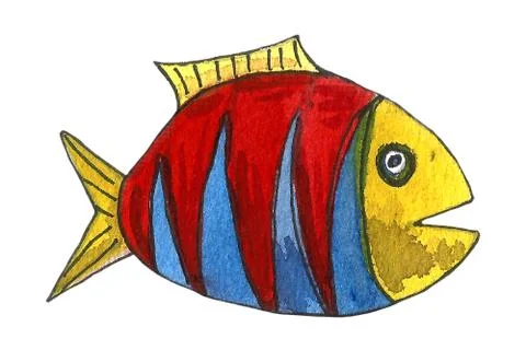 Cute modern alphabet with funny objects and sea cartoon fish. Letters. Learn  Stock Illustration