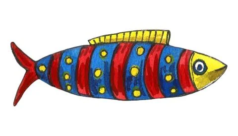 Cute modern alphabet with funny objects and sea cartoon fish. Letters. Learn  Stock Illustration