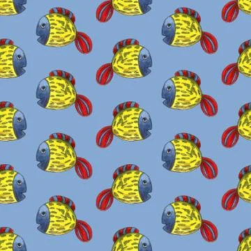 Cute modern alphabet with funny objects and sea cartoon fish. Letters. Learn  Stock Illustration