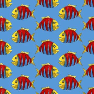 Cute modern alphabet with funny objects and sea cartoon fish. Letters. Learn  Stock Illustration