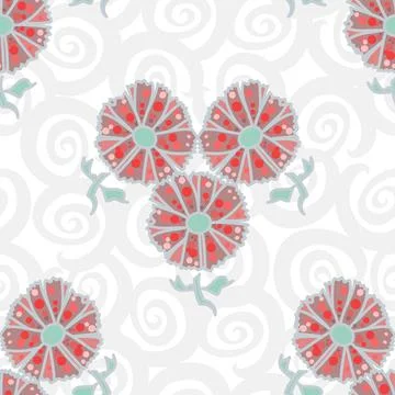 Cute Modern Floral Pattern With Red Flowers And Dotted Decorations On A Swirl Stock Illustration