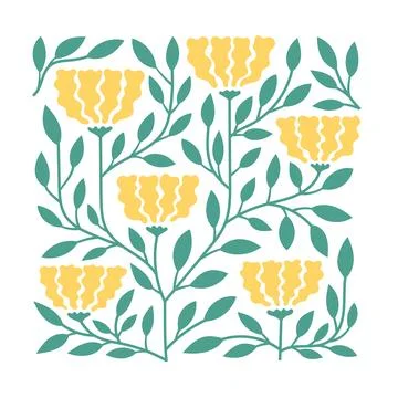Cute modern vector pattern with yellow abstract flowers, foliage. Natural plant Stock Illustration