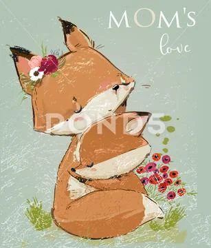 Cute mom fox with her kid. Vector illustration Stock Illustration