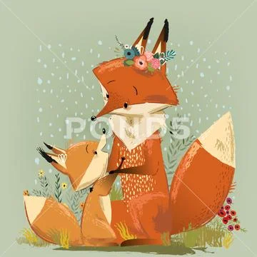 Cute mom fox with her kid. Vector illustration Stock Illustration