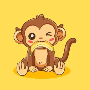 Cute Monkey Bite a Banana Vector Illustration Cartoon Design Kawaii Illustrazione stock