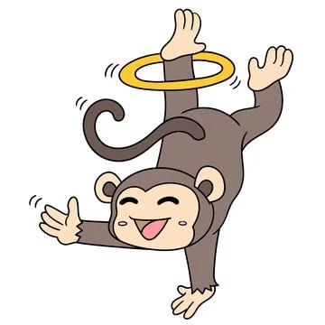 A cute monkey boy performing a standing circus with one hand, doodle icon ima Stock Illustration