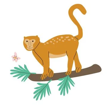 Cute monkey on branch of tropical tree in cartoon flat style. Macaque Vector Stock Illustration