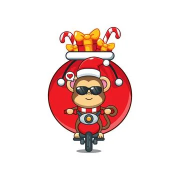 Cute monkey carrying bag of presents with motorcycle. Stock Illustration