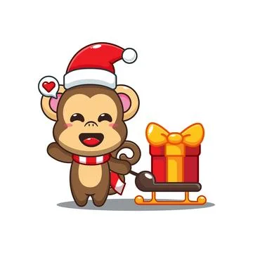 Cute monkey carrying christmas gift box cartoon vector illustration. Stock Illustration
