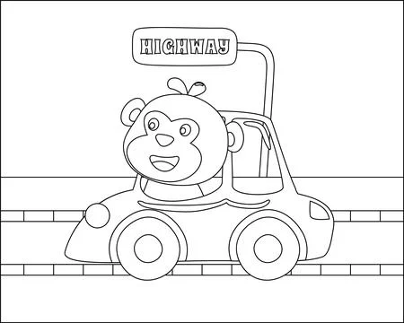 Cute monkey cartoon having fun driving a city car on sunny day. Stock Illustration