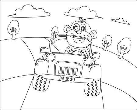 Cute monkey cartoon having fun driving a off road car in mountain on sunny .. Stock Illustration