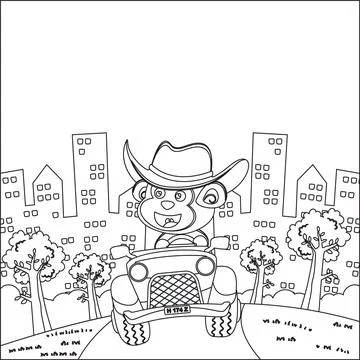 Cute monkey cartoon having fun driving off road car on sunny day. Stock Illustration