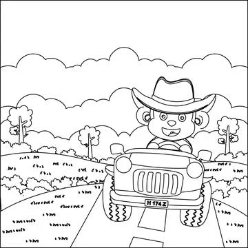 Cute monkey cartoon having fun driving off road car on sunny day. Stock Illustration