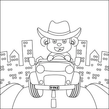 Cute monkey cartoon having fun driving a off road car in mountain 스톡 일러스트