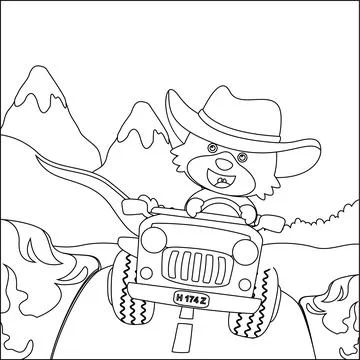 Cute monkey cartoon having fun driving a off road car in mountain Stock Illustration