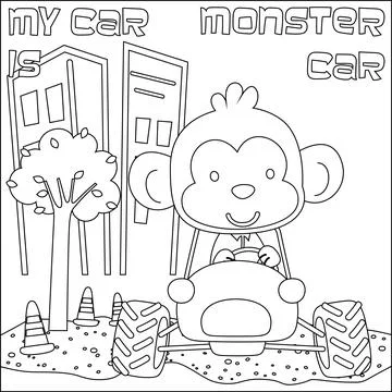 Cute monkey cartoon having fun driving off road car on sunny day. Stock Illustration