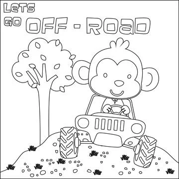 Cute monkey cartoon having fun driving off road car on sunny day. Stock Illustration