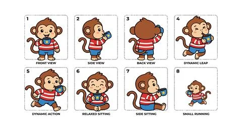 Cute monkey character drinking from a cup set with striped shirt イラスト素材