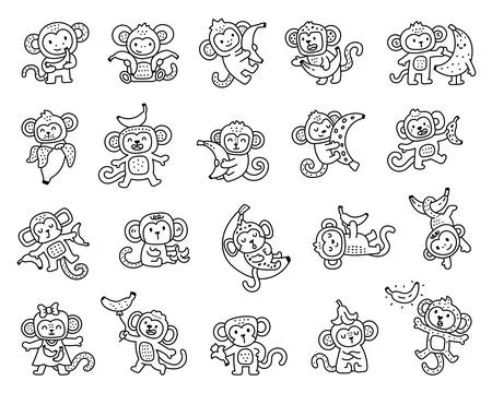 Cute monkey character set in outline line art Stock Illustration