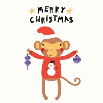 Cute monkey Christmas card Stock Illustration