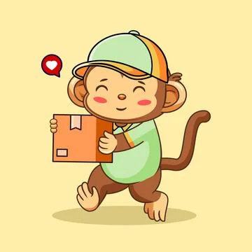 Cute Monkey Courier Walking Deliver Package Vector Illustration Stock Illustration
