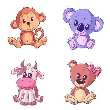 Cute monkey, cow, koala and bear, hand drawn style set Stock Illustration