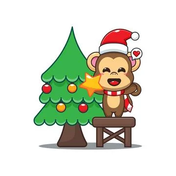 Cute monkey decorating the Christmas tree on Christmas day. Stock Illustration