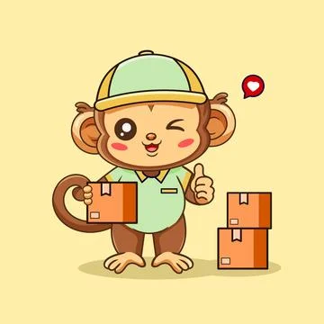 Cute Monkey Delivery Mascot Holding Package and Giving Thumbs Up 스톡 일러스트