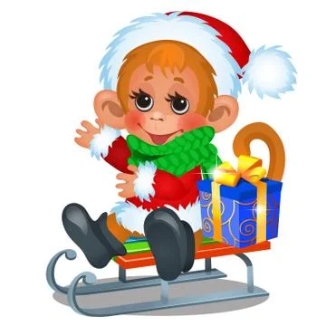Cute monkey dressed as Santa Claus riding on a sled with gift box isolated on Stock Illustration