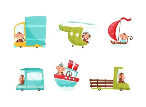 Cute Monkey Driving and Riding Transport Like Car and Boat Vector Set Illustrazione stock