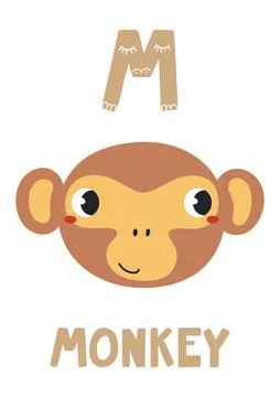 Cute monkey face, letter M, text, illustration isolated Stock Illustration