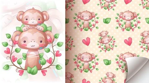 Cute monkey family - seamless pattern Stock Illustration