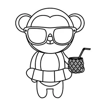 Cute monkey with float and pineapple cocktail Stock Illustration