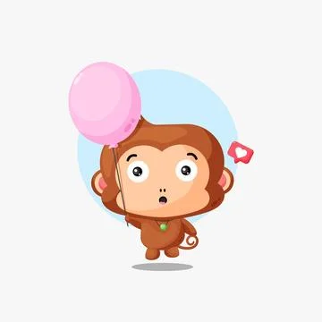 Cute monkey floating with balloon illustration Stock Illustration