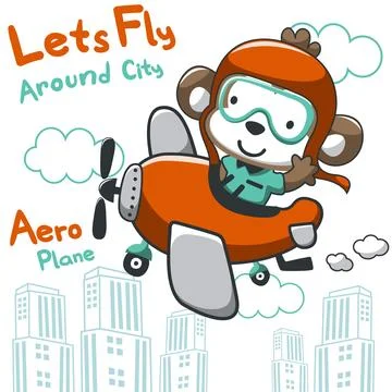 Cute monkey flying on a plane. cartoon hand drawn vector illustration. can .. Stock Illustration