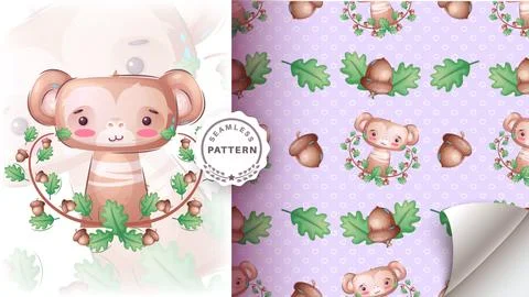 Cute monkey in the forest - seamless pattern 库存插图