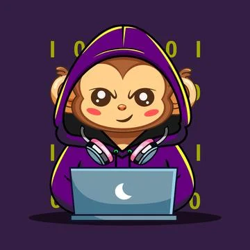 Cute Monkey Hacker with Laptop and Headphones Vector Illustration Illustrazione stock