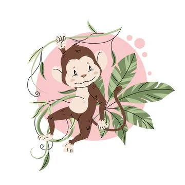 Cute monkey hanging on a liana on a white background. Vector illustration of  Stock Illustration