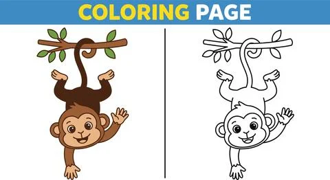 Cute Monkey Hanging on Tree Branch Coloring Page for Kids. Stock Illustration