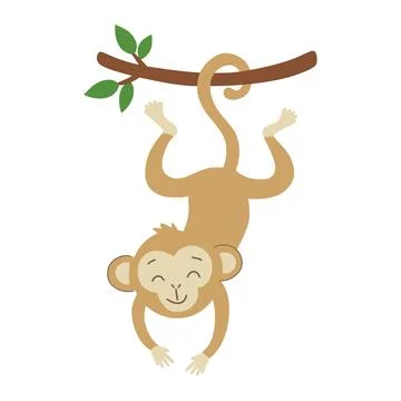 Cute monkey hanging upside down from tree branch Stock Illustration