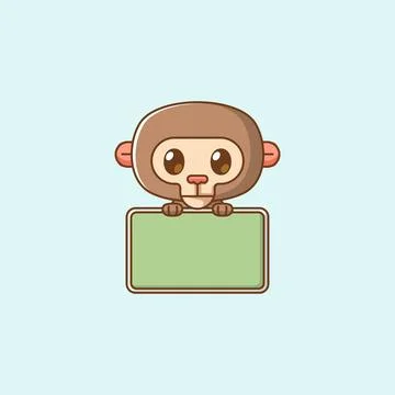 Cute monkey hold blank space board banner kawaii chibi character mascot Illustrazione stock