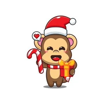 Cute monkey holding christmas candy and gift. Stock Illustration