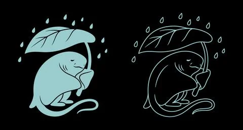 Cute monkey holding a leaf umbrella in the rain icons with black background Stock Illustration