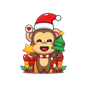 Cute monkey holding star and christmas tree cartoon vector illustration. Illustrazione stock