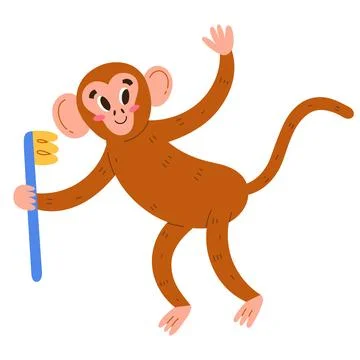 Cute monkey holds a tooth brush, smiley character, oral hygiene illustrated for Stock Illustration