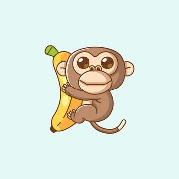 Cute monkey hug banana hanging kawaii chibi character mascot illustration Stock Illustration