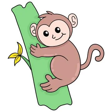 Cute monkey hugging tree trunk cute face happy, doodle icon image kawaii Stock Illustration