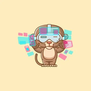 Cute monkey interact virtual reality glasses vr kawaii chibi character mascot Illustrazione stock