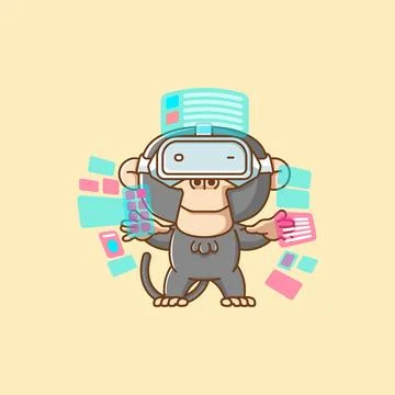 Cute monkey interact virtual reality glasses vr kawaii chibi character mascot Stock Illustration
